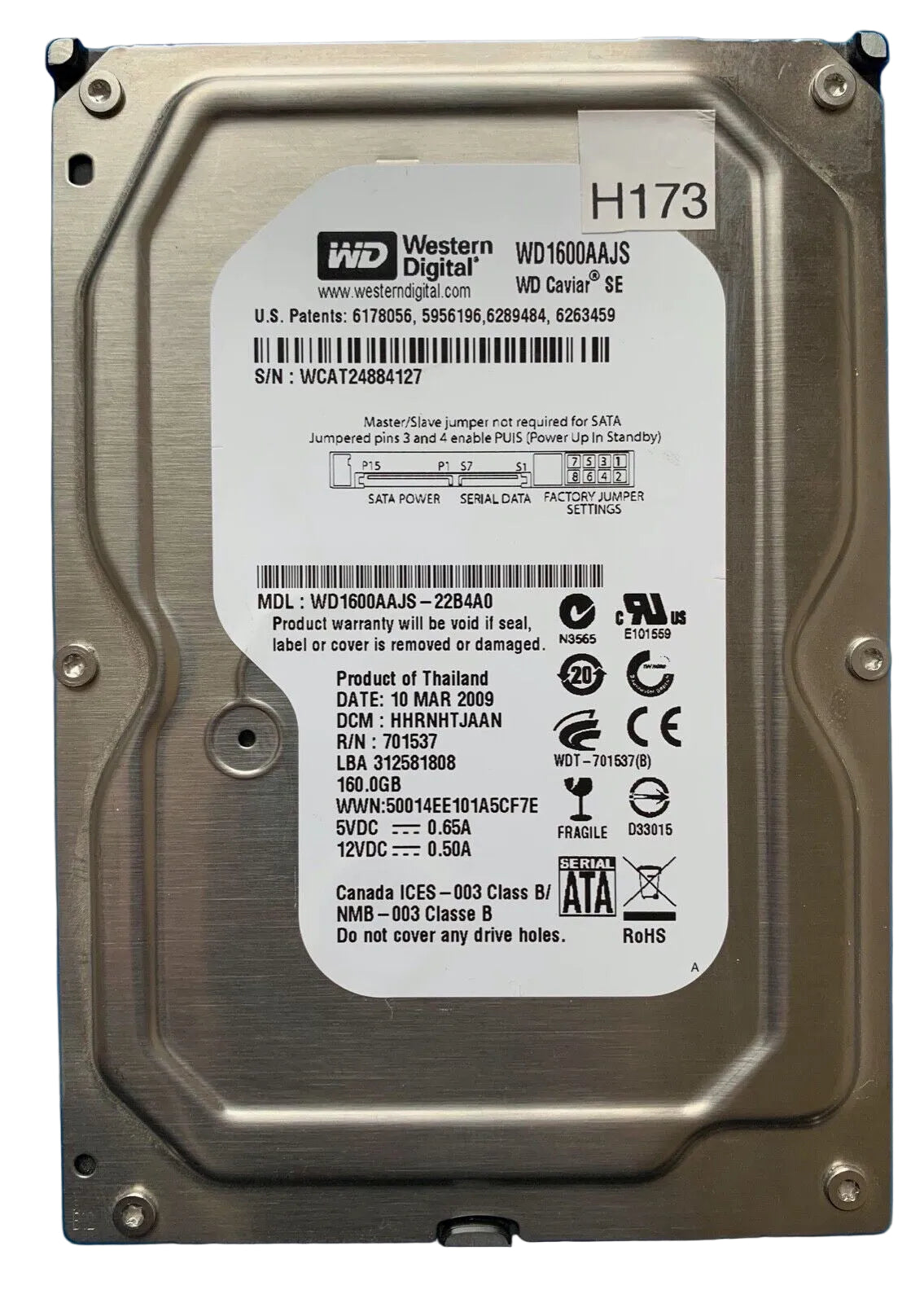 WD1600AAJS-22B4A0 – 2060-701537-003 Rev A – HHRNHTJAAN – Date: 10 MAR 2009 – 160.0GB – 3.5" – SATA