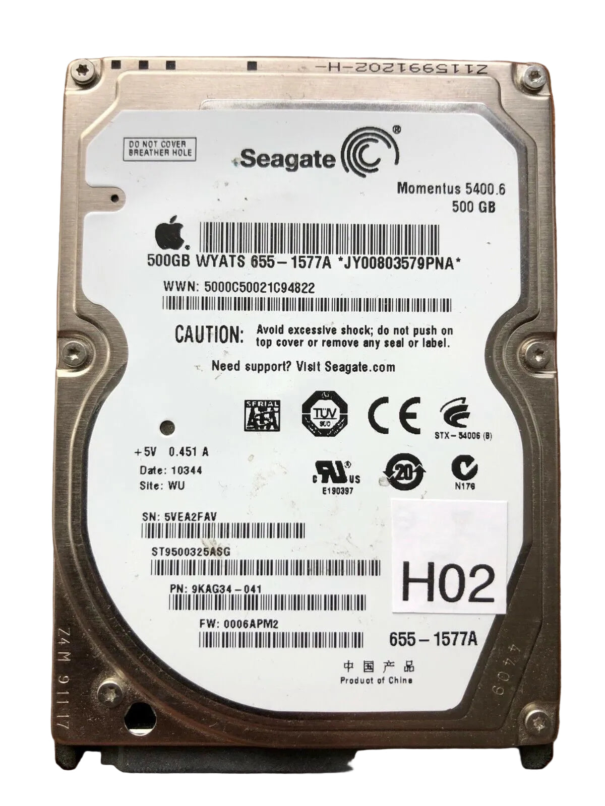 ST9500325ASG – 100537192 Rev G – S/N: 5VEA2FAV – P/N: 9KAG34-041 – F/W: 0006APM2 – Site: WU – Date: 10344 – 500GB – 2.5" – SATA