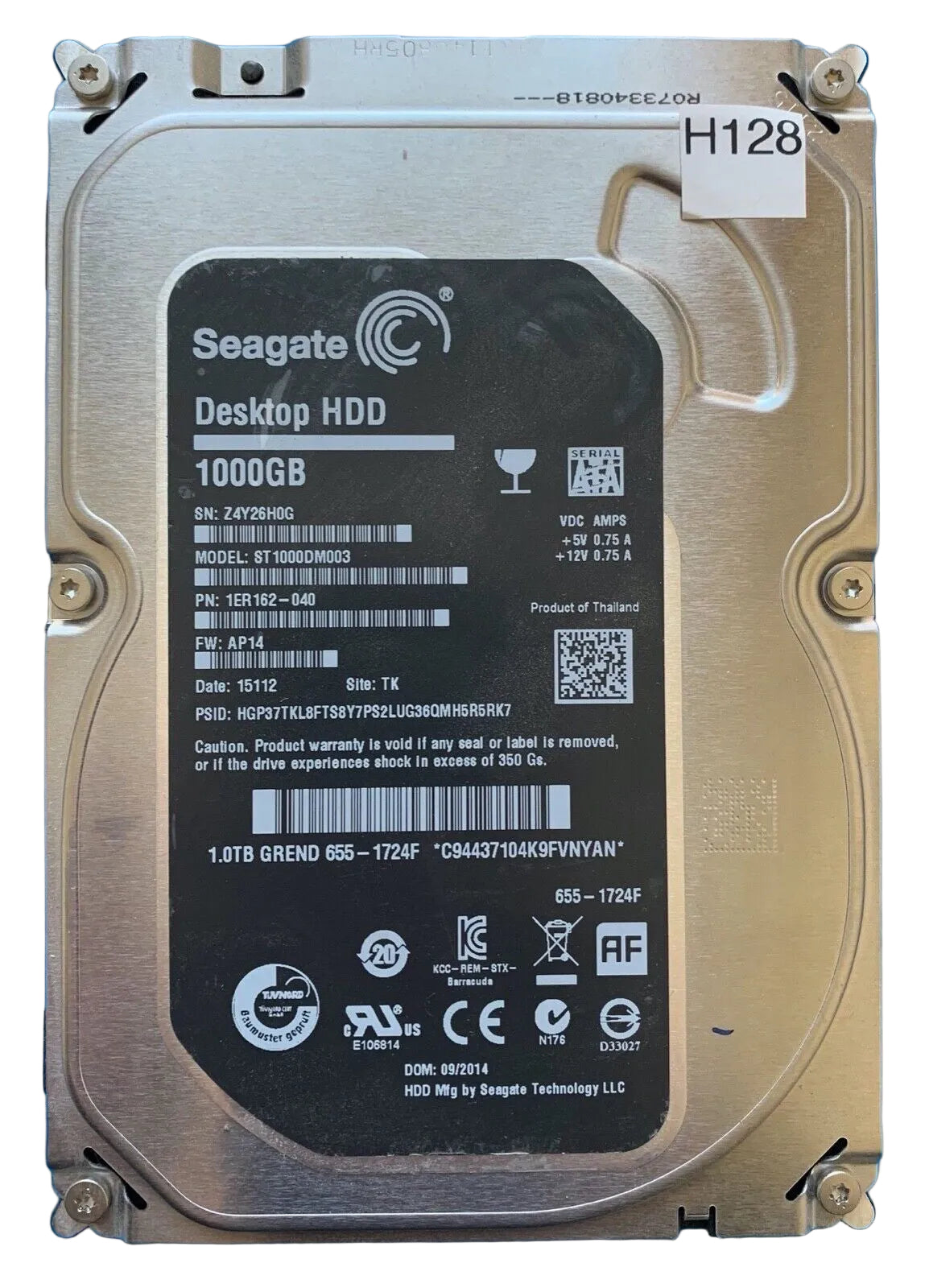 ST1000DM003 – 100724095 REV A – S/N: Z4Y26H0G – P/N: 1ER162-040 – F/W: AP14 – Site: TK – Date: 15112 – 1TB – 3.5" – SATA