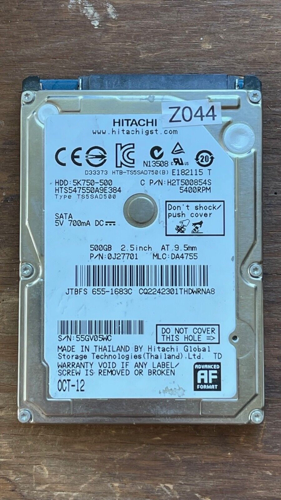 HTS547550A9E384 – 0J11459 DA4726 – HDD:5K750-500 – TS5SAD500 – DA4755 – P/N: 0J27701 – 500GB – 2.5" – SATA
