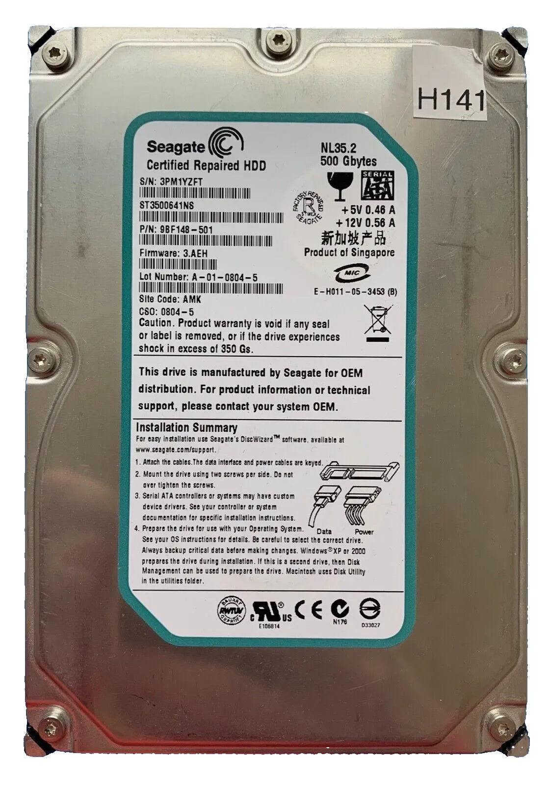 ST3500641NS – 100363226 Rev R – S/N: 3PM1YZFT – P/N: 9BF148-501 – F/W: 3.AEH – Site: AMK – 500GB – 3.5" – SATA