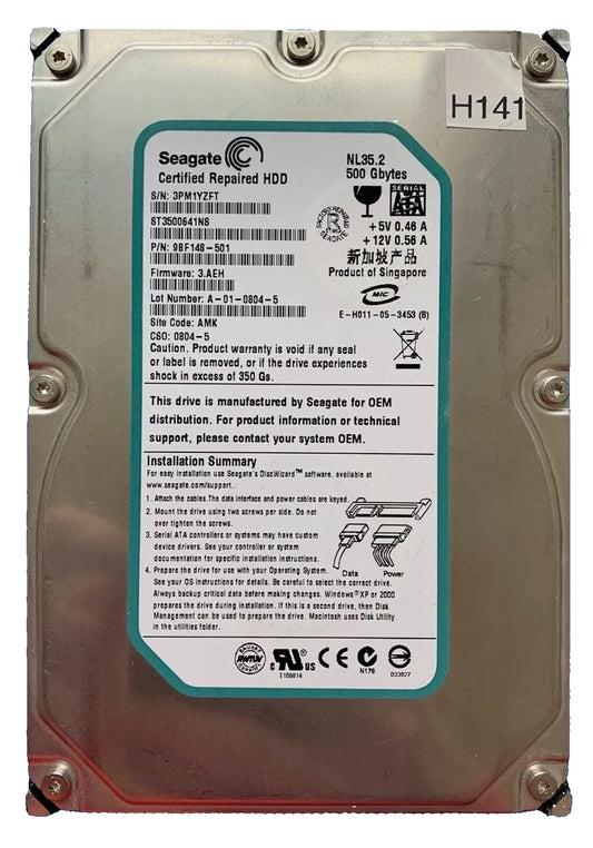 ST3500641NS – 100363226 Rev R – S/N: 3PM1YZFT – P/N: 9BF148-501 – F/W: 3.AEH – Site: AMK – 500GB – 3.5" – SATA