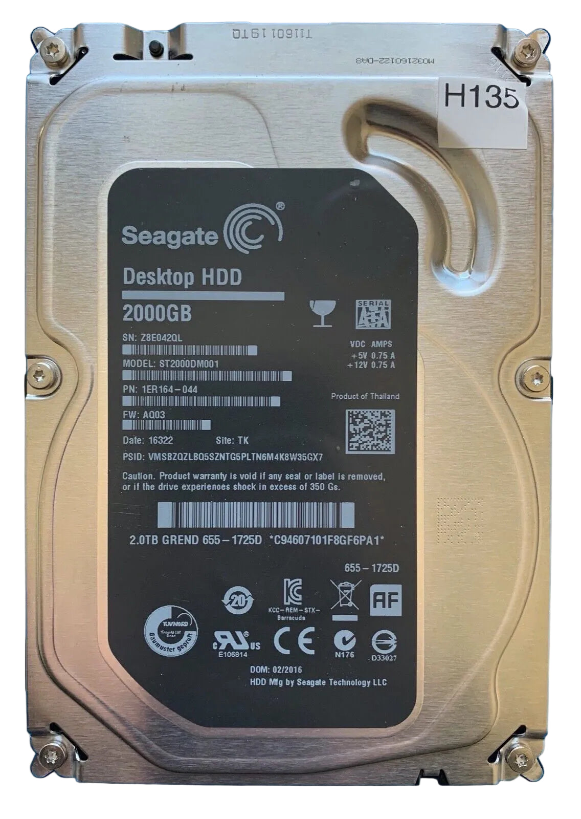 ST2000DM001 – 100762568 REV A – S/N: Z8E042QL – P/N: 1ER164-044 – F/W: AQ03 – Site: TK – Date: 16322 – 2TB – 3.5" – SATA