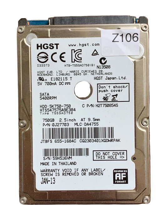 HTS547575A9E384 – 0J11459 DA4726 – HDD:5K750-750 – TS5SAD750 – DA4755 – P/N: 0J27703 – 750GB – 2.5" – SATA