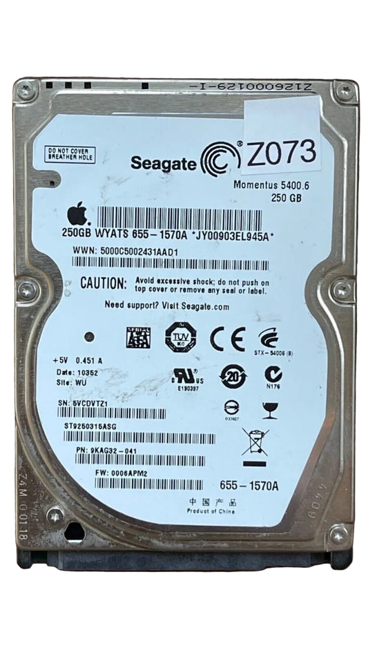 ST9250315ASG – 100567507 Rev B – S/N: 5VCDVTZ1 – P/N: 9KAG32-041 – F/W: 0006APM2 – Site: WU – Date: 10352 – 250GB – 2.5" – SATA
