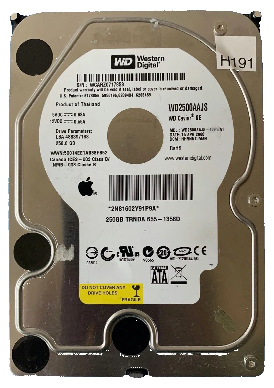 WD2500AAJS-40VWA1 – 2060-701444-004 Rev A – HHRNNTJMAN – Date: 15 APR 2008 – 250.0 GB – 3.5" – SATA