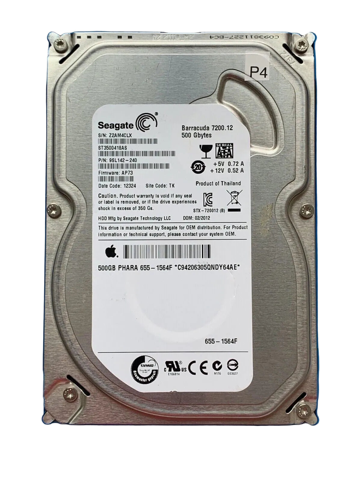 ST3500418AS – 100535704 REV C – S/N: Z2AM4CLX – P/N: 9SL142-240 – F/W: AP73 – Site: TK – Date: 12324 – 500GB – 3.5" – SATA