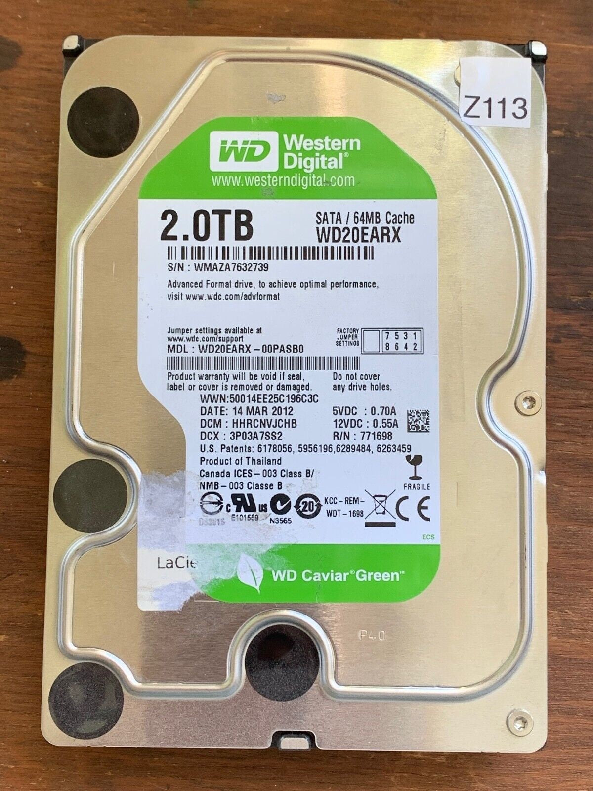 WD20EARX-00PASB0 – 2060-771698-004 Rev A – HHRCNVJCHB – Date: 14 MAR 2012 – 2TB – 3.5" – SATA