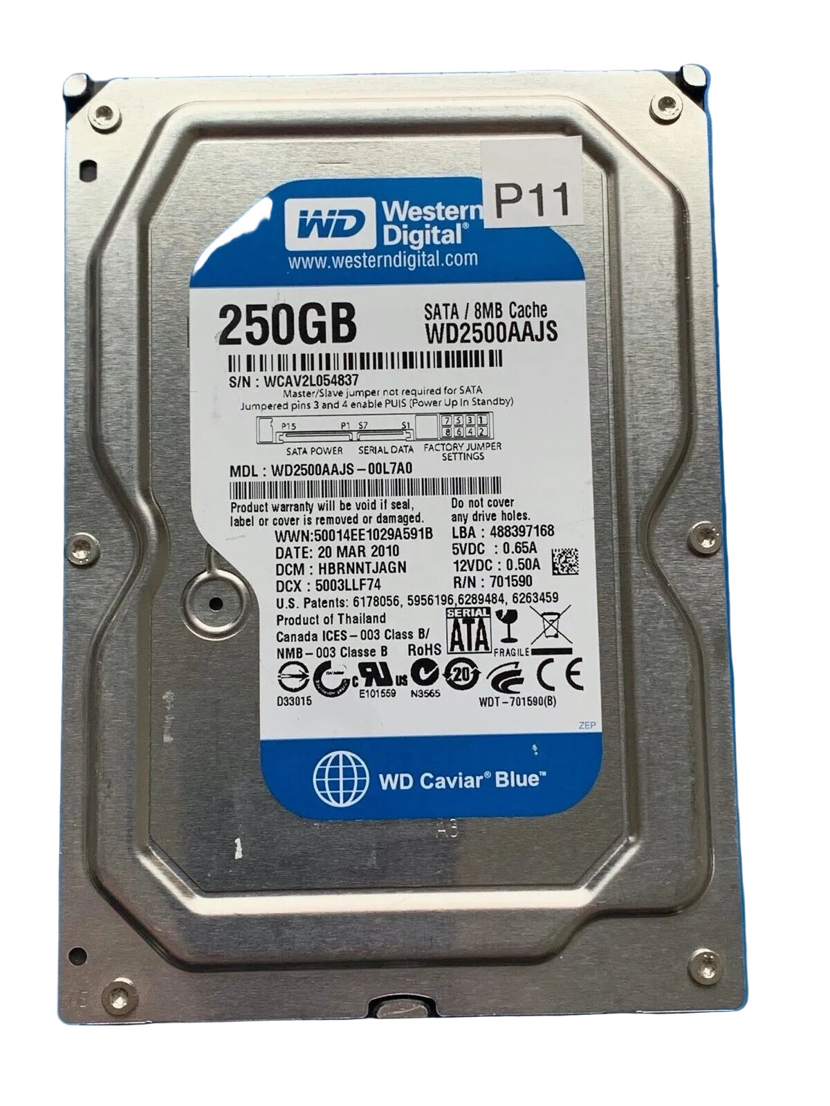 WD2500AAJS-00L7A0 – 2060-701590-001 Rev A – HBRNNTJAGN – 71157TYHAA 9K0314MX – Date: 20 MAR 2010 – 250GB – 3.5" – SATA