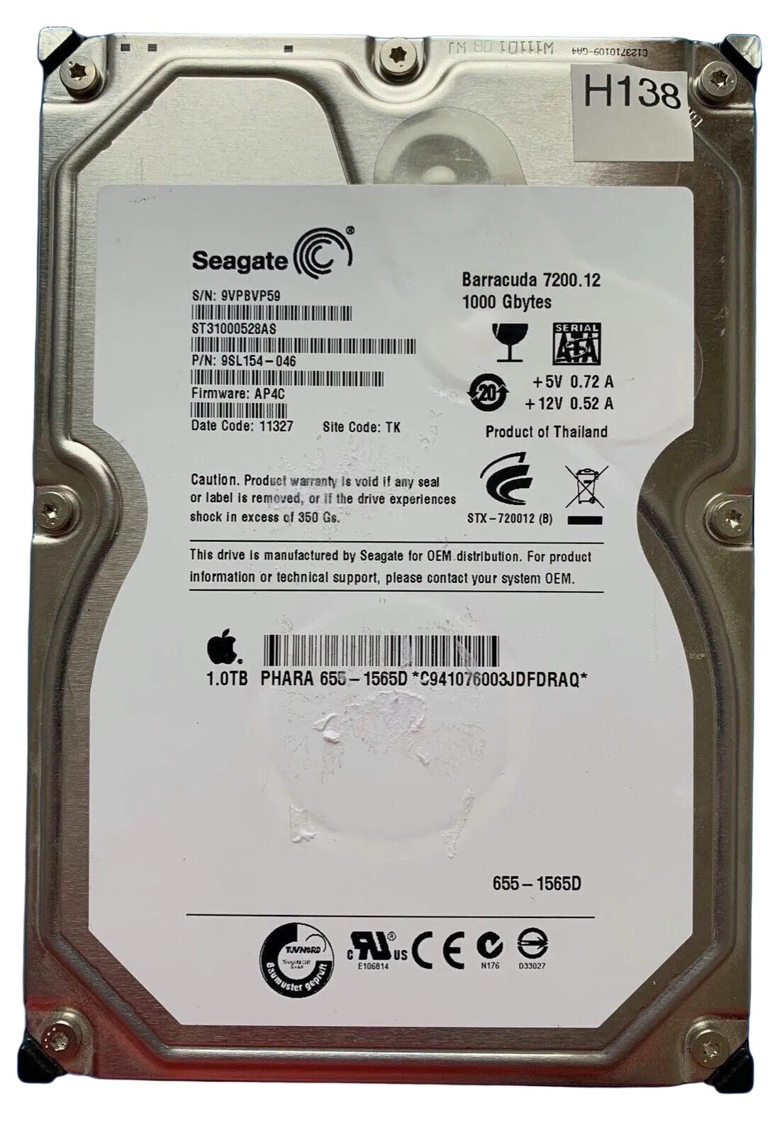 ST31000528AS – 100650117 REV A – S/N: 9VPBVP59 – P/N: 9SL154-046 – F/W: AP4C – Site: TK – Date: 11327 – 1TB – 3.5" – SATA