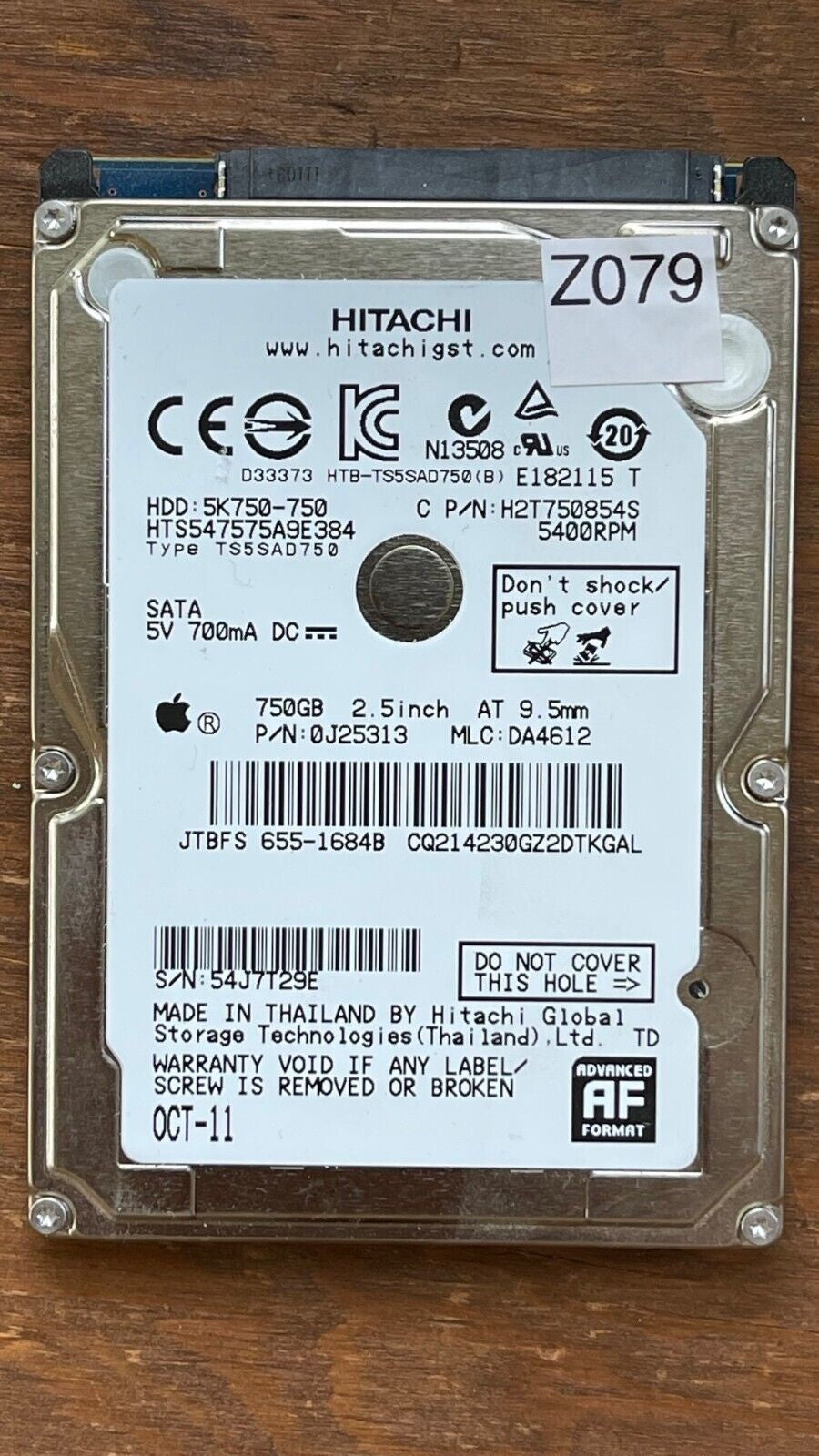 HTS547575A9E384 – 0J11459 DA3744 – HDD:5K750-750 – TS5SAD750 – DA4612 – P/N: 0J25313 – 750GB – 2.5" – SATA
