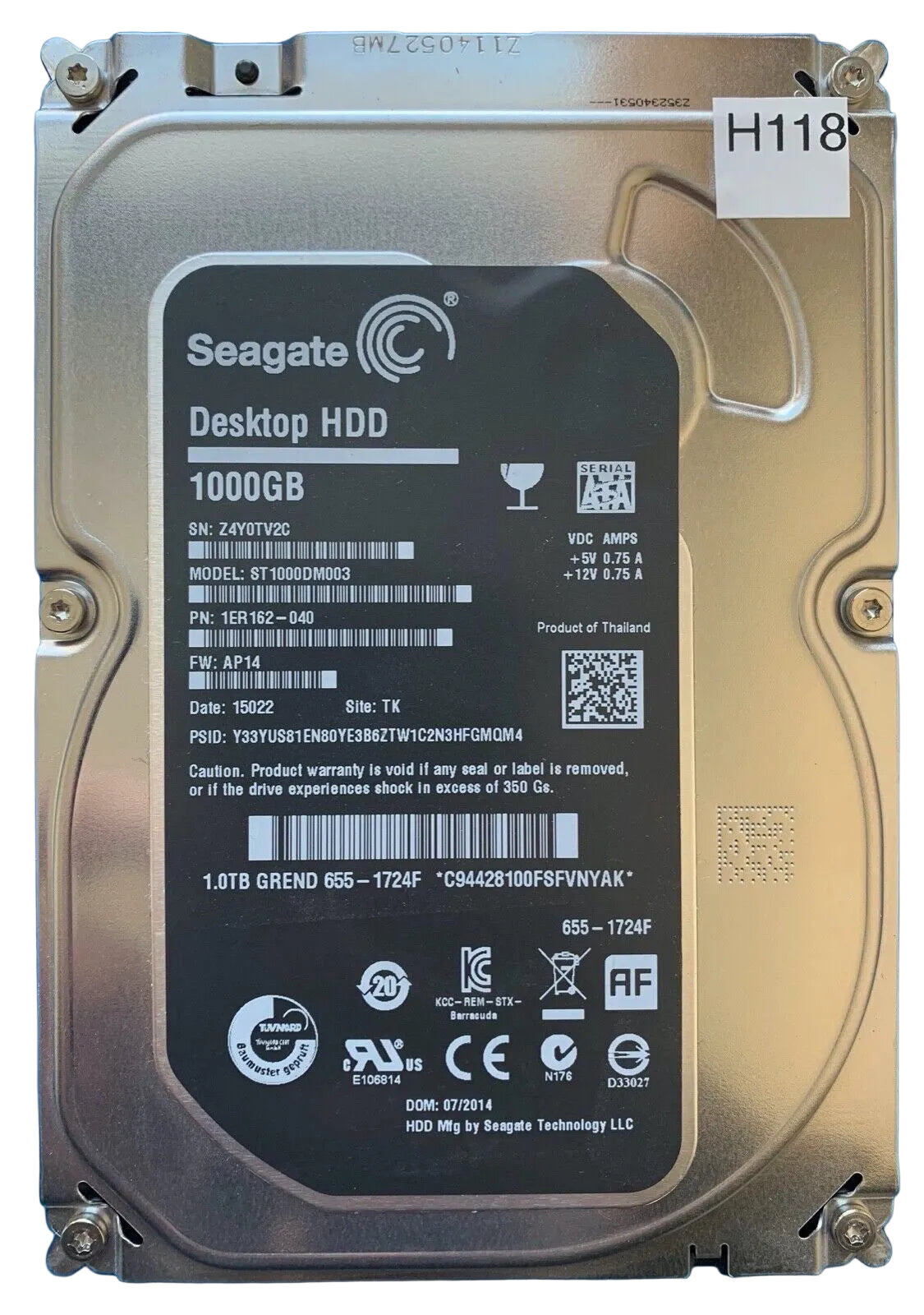 ST1000DM003 – 100724095 REV A – S/N: Z4Y0TV2C – P/N: 1ER162-040 – F/W: AP14 – Site: TK – Date: 15022 – 1TB – 3.5" – SATA