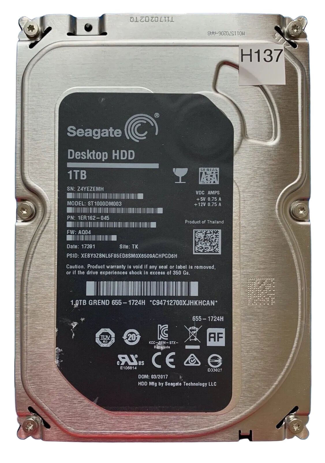 ST1000DM003 – 100762568 REV A – S/N: Z4YEZEMH – P/N: 1ER162-045 – F/W: AQ04 – Site: TK – Date: 17391 – 1TB – 3.5" – SATA