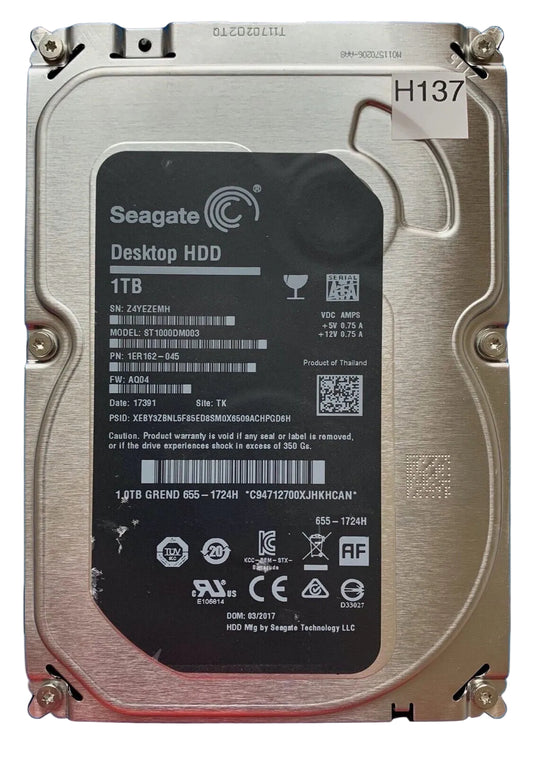 ST1000DM003 – 100762568 REV A – S/N: Z4YEZEMH – P/N: 1ER162-045 – F/W: AQ04 – Site: TK – Date: 17391 – 1TB – 3.5" – SATA