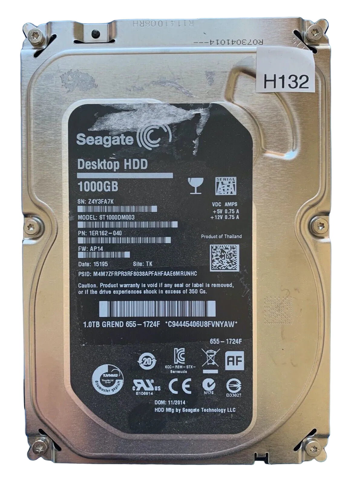 ST1000DM003 – 100724095 REV A – S/N: Z4Y3FA7K – P/N: 1ER162-040 – F/W: AP14 – Site: TK – Date: 15195 – 1TB – 3.5" – SATA