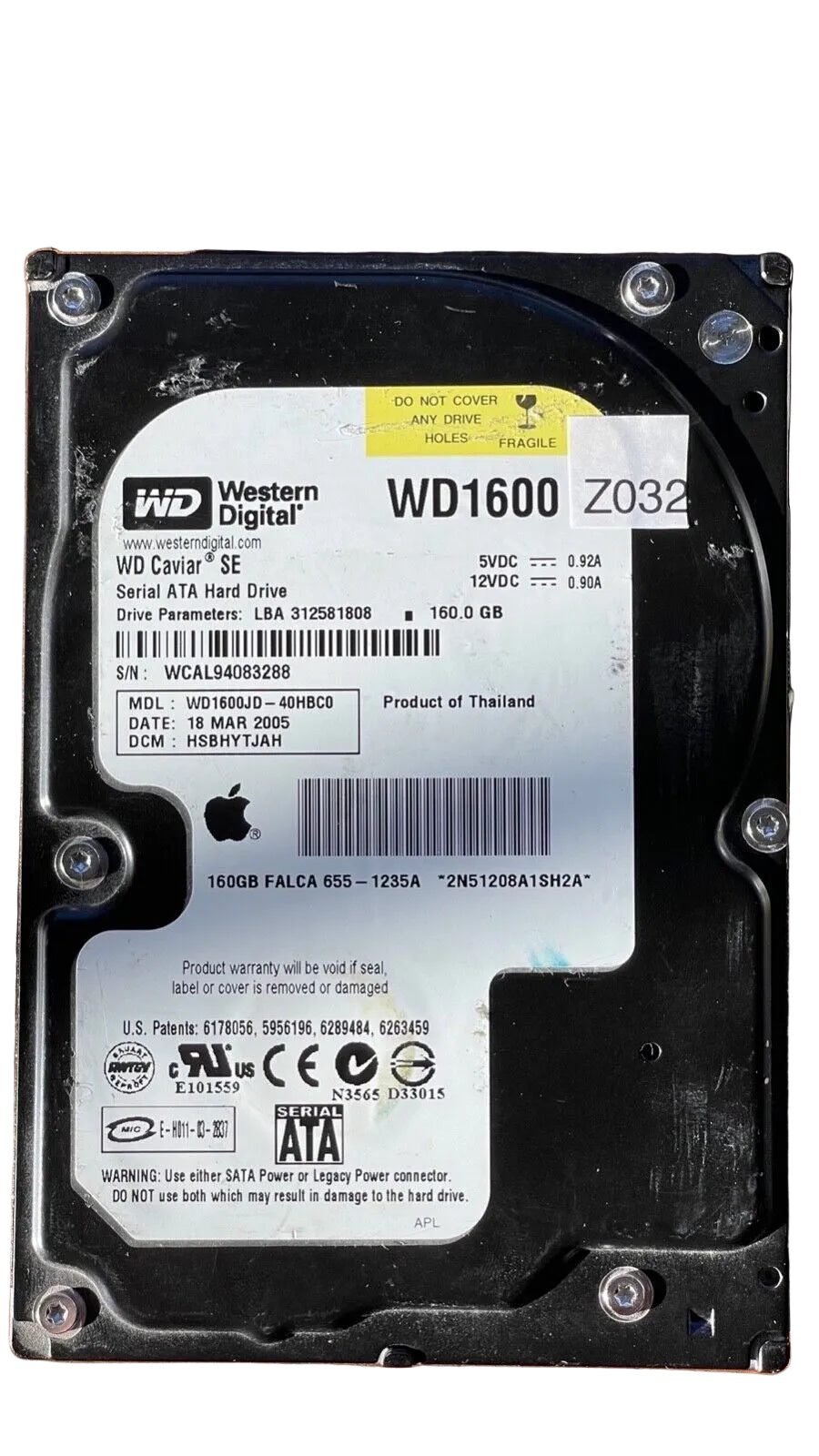 WD1600JD-40HBC0 – 2060-701267-001 REV A – HSBHYTJAH – 1024PAFOK W45219SF – Date: 18 MAR 2005 – 160.0 GB – 3.5" – SATA