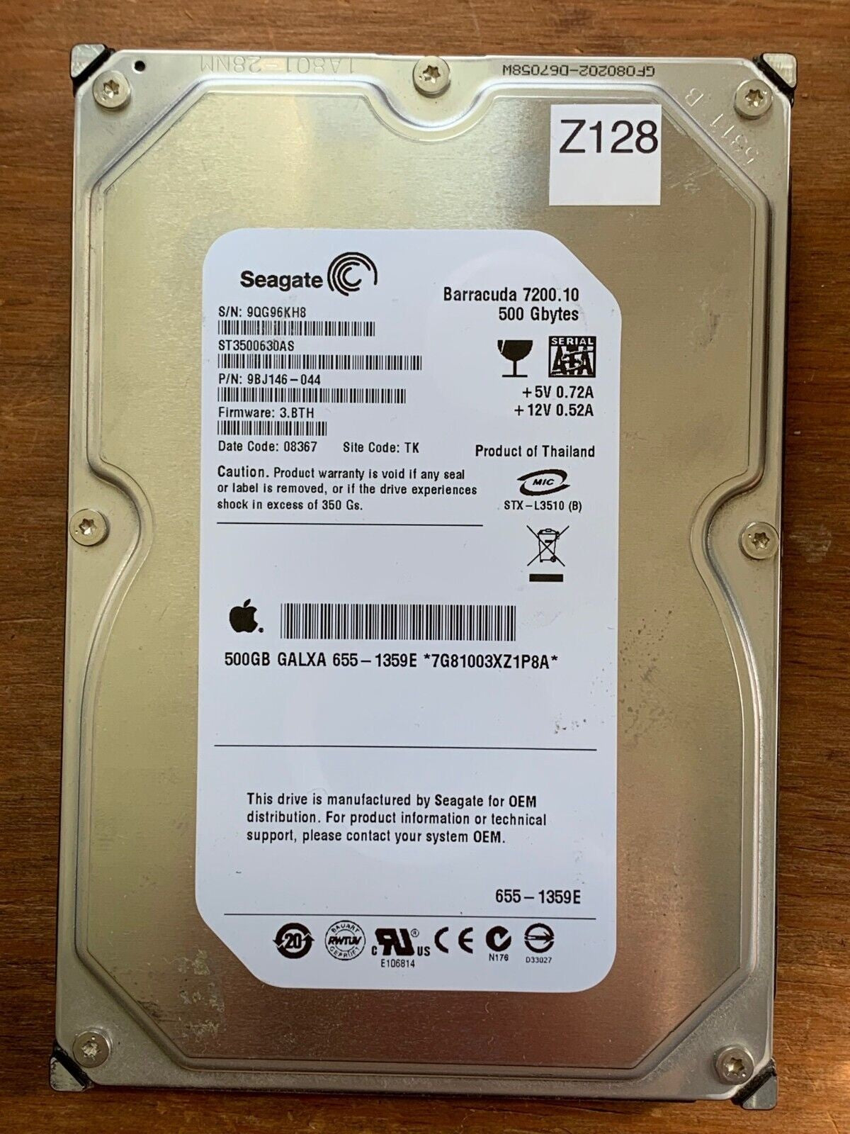 ST3500630AS – 100419004 Rev C – S/N: 9QG96KH8 – P/N: 9BJ146-044 – F/W: 3.BTH – Site: TK – Date: 08367 – 500GB – 3.5" – SATA