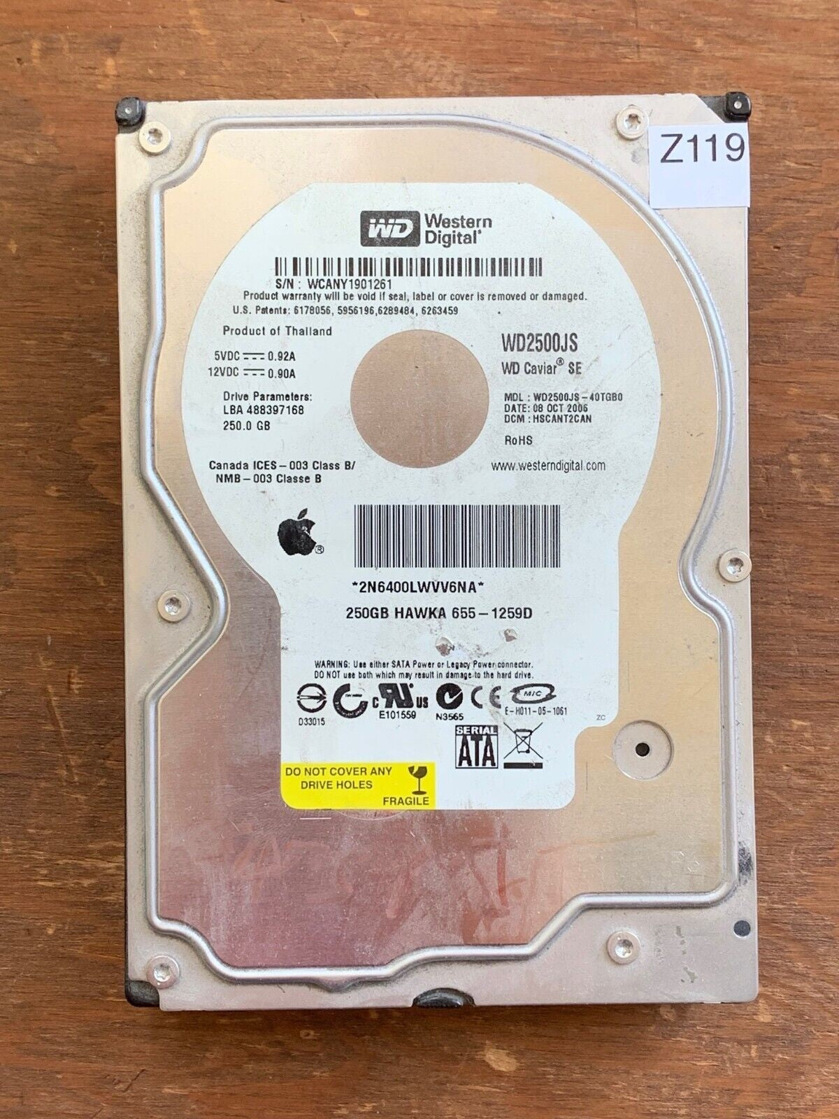 WD2500JS-40TGB0 – 2060-701335-005 Rev A – HSCANT2CAN – 1024PMFOU 926824MH – Date: 08 OCT 2006 – 250GB – 3.5" – SATA
