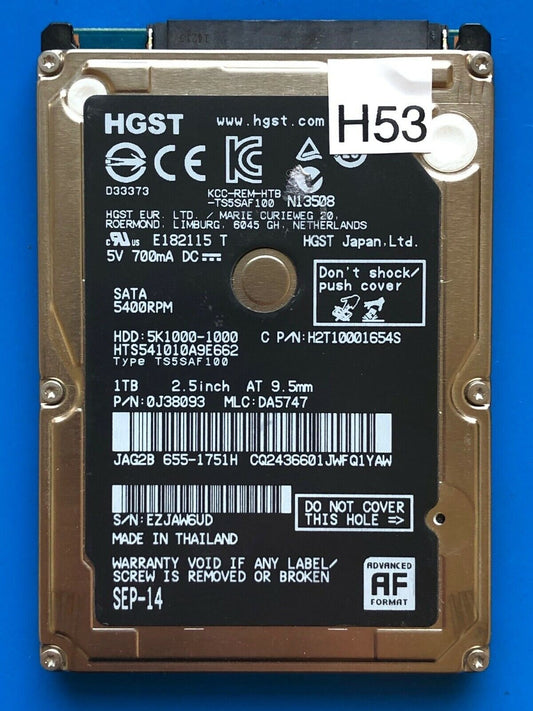 HTS541010A9E662 – 0J24275 DA5092 – HDD:5K1000-1000 – TS5SAF100 – DA5747 – P/N: 0J38093 – 1TB – 2.5" – SATA