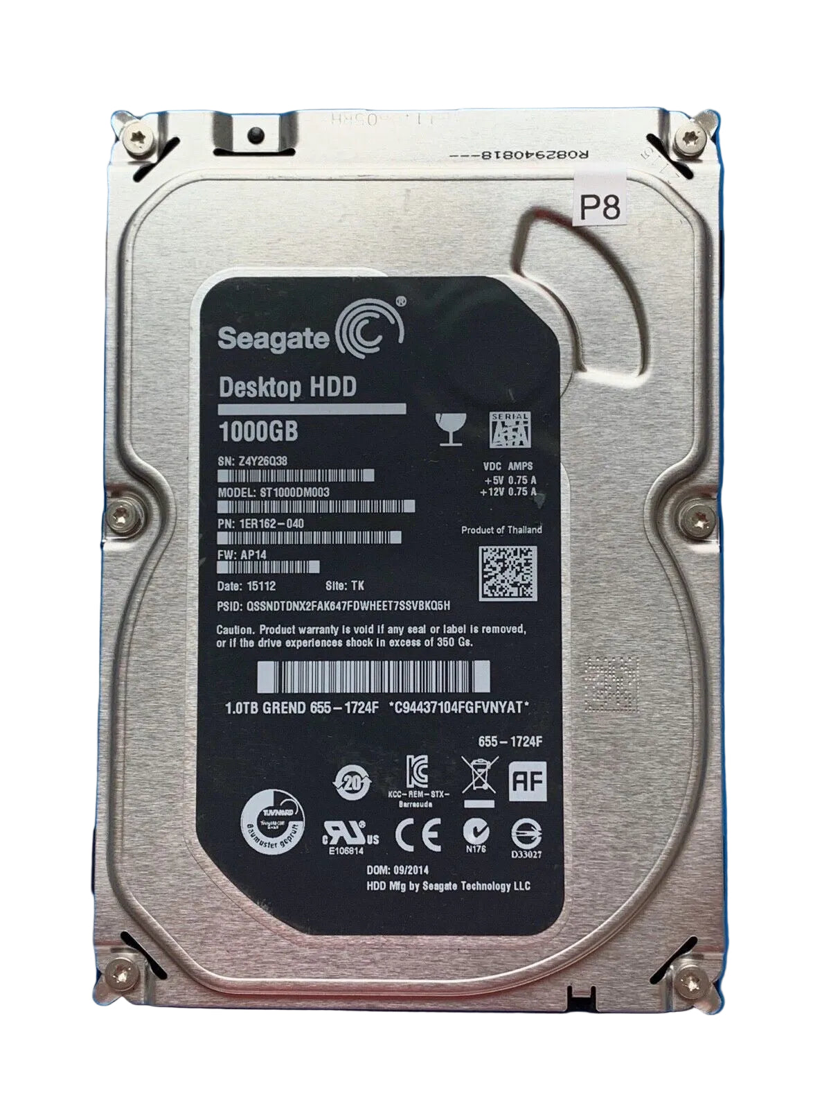 ST1000DM003 – 100724095 REV A – S/N: Z4Y26Q38 – P/N: 1ER162-040 – F/W: AP14 – Site: TK – Date: 15112 – 1TB – 3.5" – SATA