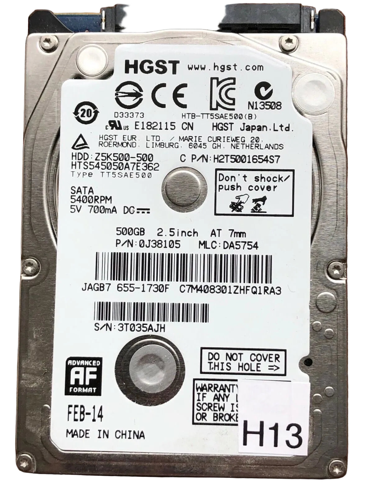HTS545050A7E362 – 0J24193 DA5071 – HDD:Z5K500-500 – TT5SAE500 – DA5754 – P/N: 0J38105 – 500GB – 2.5" – SATA