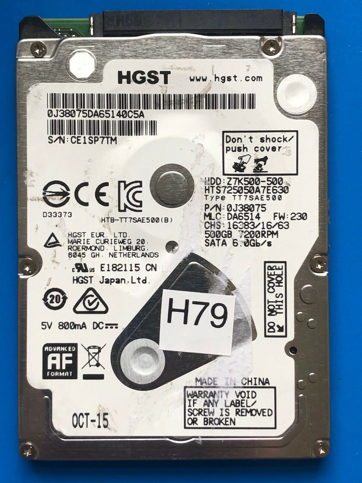 HTS725050A7E630 – 0J34897 DA6115 – HDD:Z7K500-500 – TT7SAE500 – DA6514 – P/N: 0J38075 – 500GB – 2.5" – SATA