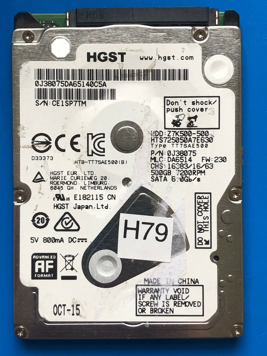 HTS725050A7E630 – 0J34897 DA6115 – HDD:Z7K500-500 – TT7SAE500 – DA6514 – P/N: 0J38075 – 500GB – 2.5" – SATA