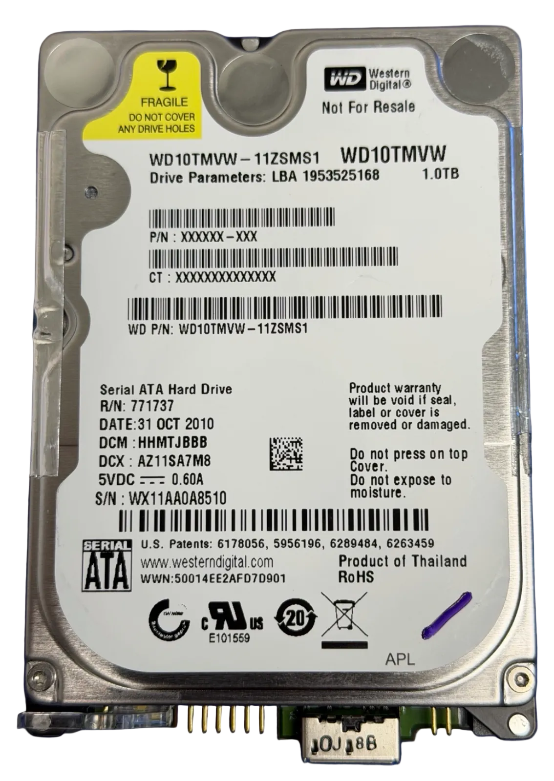 WD10TMVW-11ZSMS1 – 2060-771737-000 REV P1 – HHMTJBBB – 1.0TB – 2.5" – SATA