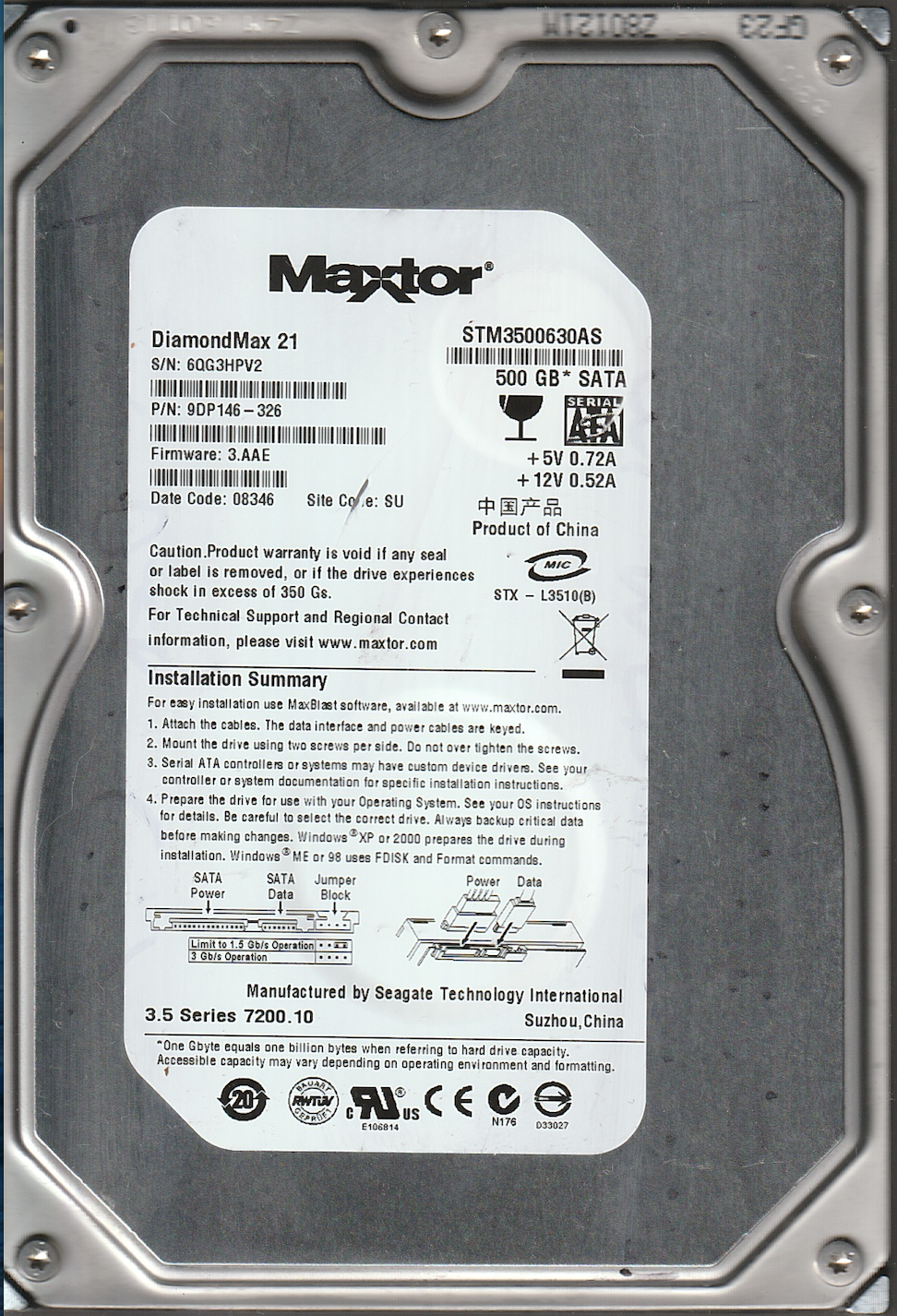 STM3500630AS – 100406533 Rev A - 6QG3HPV2 – 9DP146-326 - 3.AAE - Date: 08346 – 500GB – 3.5" – SATA