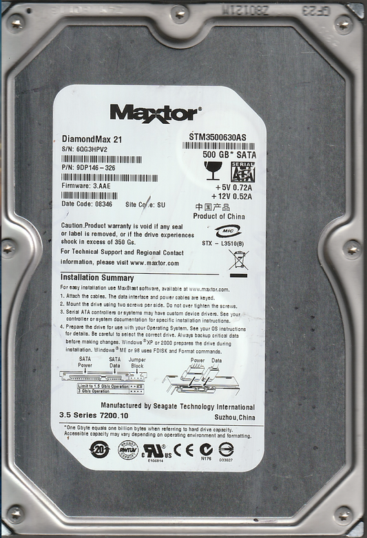 STM3500630AS – 100406533 Rev A - 6QG3HPV2 – 9DP146-326 - 3.AAE - Date: 08346 – 500GB – 3.5" – SATA